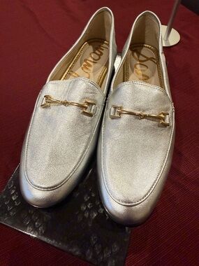 Metallic Silver Leather women’s Sam Edelman Loafers with Gold Bit Detail